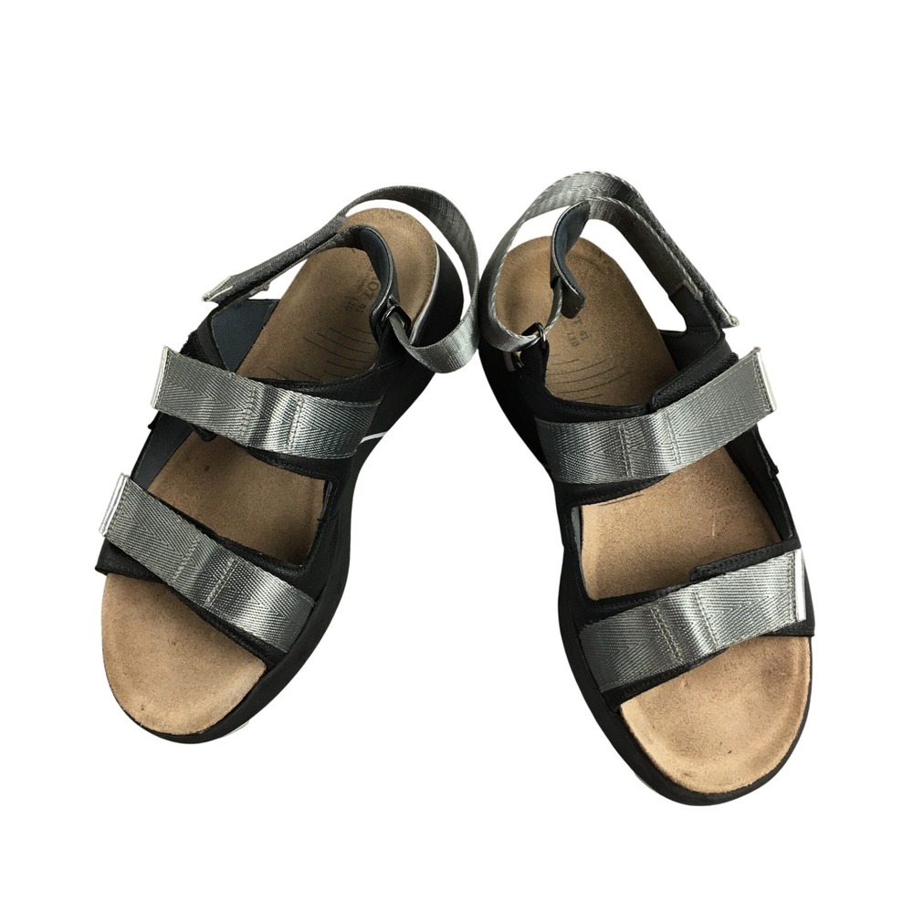 Naot Apollo Women 41 L10 Black Silver Metallic Leather Strappy Sport Sandals